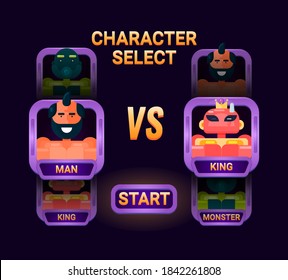 Game ui character selection pop up for 2d gui interface vector illustration