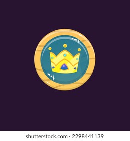Game UI Circle Crown Icon Wooden Button Blue Abstract Fantasy Vector Design