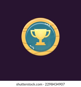Game UI Circle Win Cup Icon Wooden Button Blue Abstract Fantasy Vector Design