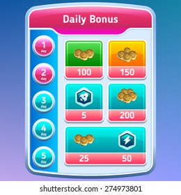 Game UI. Daily bonus screen. Vector eps 10.
