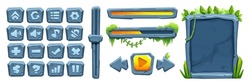 Game ui design elements with stone texture and jungle plants. Cartoon vector illustration set of videogame rock border and button, menu plaque and progress bar with tropical leaves and liana vines.