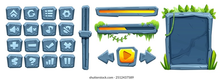 Game ui design elements with stone texture and jungle plants. Cartoon vector illustration set of videogame rock border and button, menu plaque and progress bar with tropical leaves and liana vines.