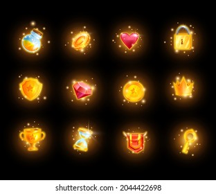 Game UI design icon set, vector user interface casino golden award kit, mobile app reward badge, coin. Online prize objects, success bonus gift, shield, flask, crown. Magic glow game icon collection