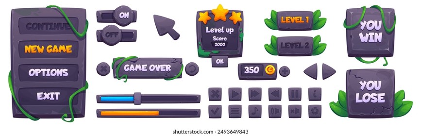 Game ui design kit of borders, plates and buttons with stone texture and jungle liana vines and green leaves. Cartoon vector grey rock frames and interface boxes with greenery on white background.