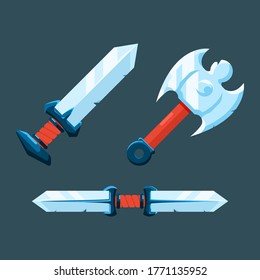 Game ui elements. Iron and wooden weapon of blade, double blade, and axe for 2d rpg games vector Illustration