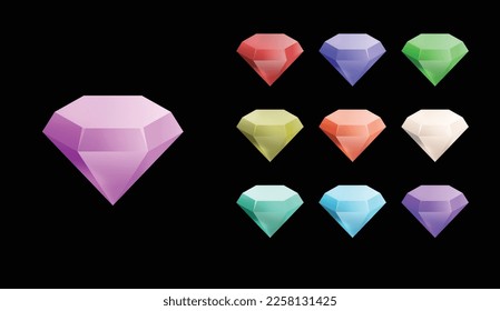 Game ui elements. set of  colorful jewels or diamonds on dark background