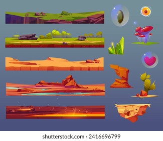 Game ui elements set with floating ground platform with green grass, sandy cracked desert, volcanic with lava surface, rocks and gem, heart and plant gui assets. Cartoon vector illustration kit.