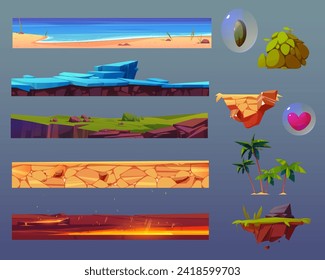 Game ui elements set with floating ground platform. Cartoon assets with sea water and sandy beach, land covered with ice, green grass, sandy cracked desert, volcanic with lava surface, heart and plant