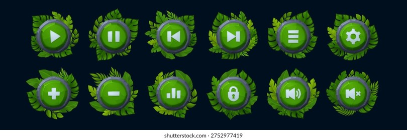Game UI elements with stone buttons and tropical leaves for RPG adventures. Cartoon jungle frames, rocky plates and ancient aztec textures - gaming interface with play, pause and settings icons.
