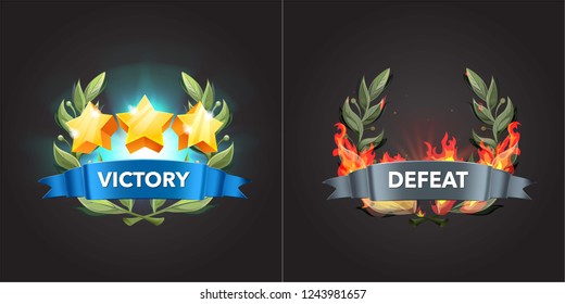 Game UI elements. Victory sreen with stars an bay leaf. Defeat screen enveloped by fire. Icons  for game, ui, banner, app, interface, slots, game development, playing cards and roulette.Vector