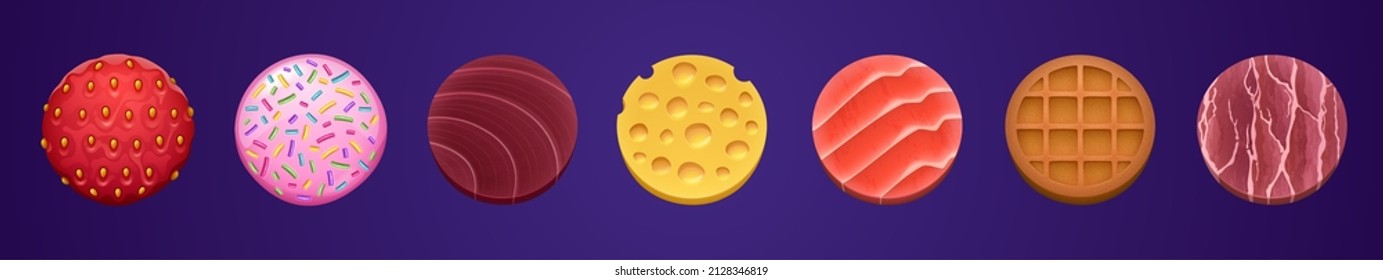 Game ui food app icons, round buttons, cartoon menu interface. Gui textured graphic design elements strawberry, sprinkles on pink glaze, meat, cheese, tuna, salmon fish, waffle isolated 2d vector set