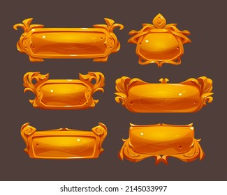 Game ui frames, gold medieval menu elements, buttons or banners with golden ornate rims. Empty royal gui bars for rpg or arcade, glossy borders, web design interface Cartoon 3d vector illustration