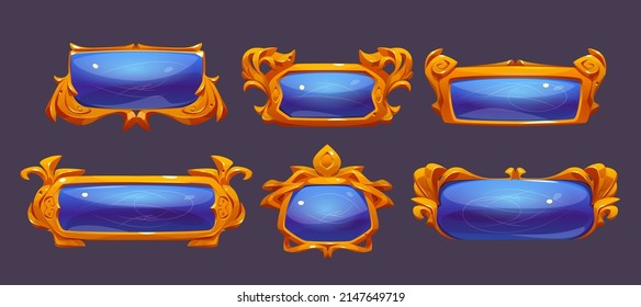 Game ui frames, gold medieval menu elements, buttons or banners with golden ornate rims and blue glass plaques. Empty royal gui bars for rpg or arcade, glossy borders, interface Cartoon vector set
