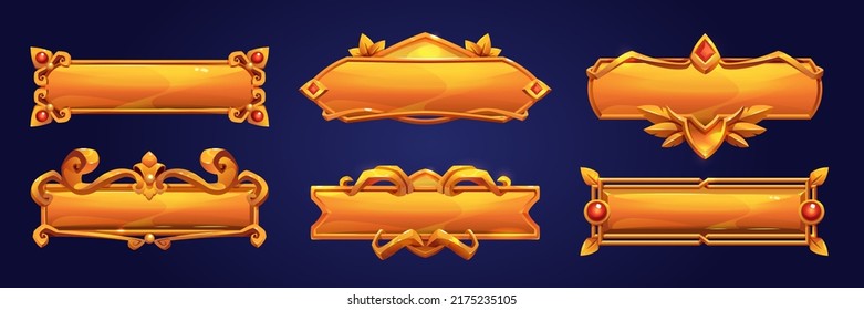 Game ui frames, gold medieval menu elements, buttons or banners with golden ornate rims. Empty royal gui bars for rpg or arcade, glossy borders, web design interface Cartoon 2d vector illustration