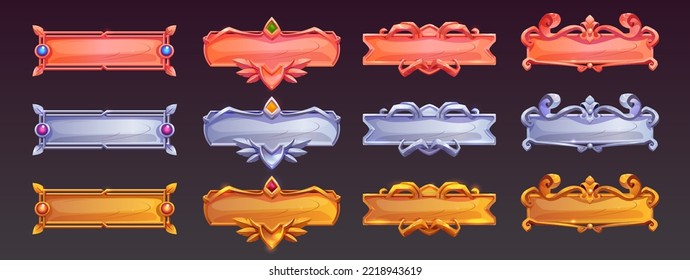 Game ui frames, gold silver copper medieval menu element, buttons or banners with ornate rims. Empty royal gui bars for rpg, arcade, glossy borders, web design interface Cartoon 2d vector illustration