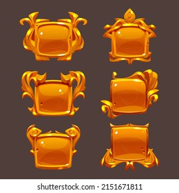 Game ui frames, gold square medieval menu elements. Golden buttons or banners with ornate rims. Empty royal gui elements for rpg, glossy borders, Cartoon design interface 3d vector illustration, set