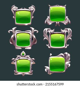 Game ui frames, green medieval borders with metal silver vignette. Interface menu square buttons, empty royal gui bars, banners or sign boards with metallic rims and glass plaques, Cartoon vector set