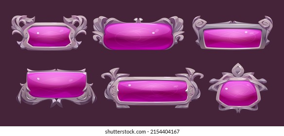 Game ui frames, pink medieval menu glossy borders, gui elements, buttons or banners with silver ornate rims and glass plaques. Empty royal gui bars for rpg or arcade interface, Cartoon vector set svg