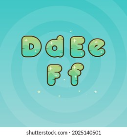 Game UI Games Magic Font Letters D , E , F Green Turquoise Wooden Natural Stars Fairy Cute Colorful Cartoon Vector Design