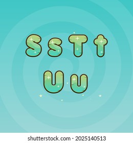 Game UI Games Magic Font Letters S , T , U Green Turquoise Wooden Natural Stars Fairy Cute Colorful Cartoon Vector Design