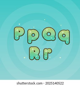 Game UI Games Magic Font Letters P , Q , R Green Turquoise Wooden Natural Stars Fairy Cute Colorful Cartoon Vector Design
