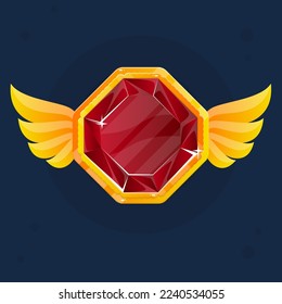 Game UI Glamour Glossy Button Icon Dark Red With Golden Vintage Border And Wings Gem Vector Design