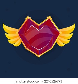 Game UI Glamour Glossy Heart Wings Button Icon Dark Red With Golden Vintage Border And Wings Gem Vector Design