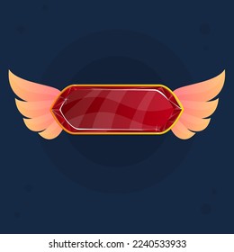 Game UI Glamour Glossy Oval Button Icon Dark Red With Golden Vintage Border And Wings Gem Vector Design