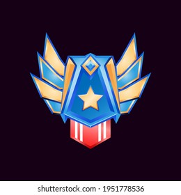 game ui glossy golden diamond rank badge medals with wings and star vector illustration