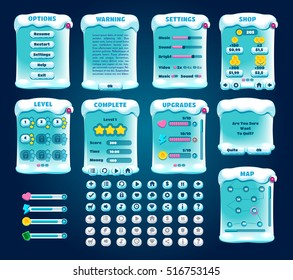 Game UI. Graphical user interface set. Mobile game appliance. Winter sport activities. Ice hockey, figure skating, skiing, snowbording, curling, bobsleigh. Buttons icons screens examples Vector