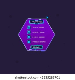 Game UI GUI Hud Futuristic Sci Fi Hexagon Pop Up Window Rating Chart Users Blue Purple Vector Design
