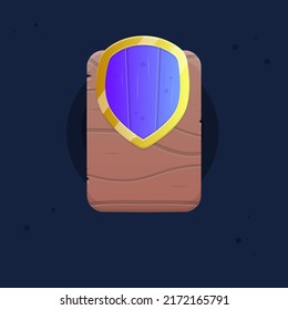 Game UI Icon Of Blue Rounded Sides Shape Wooden Shield Of Kingdom With Golden Borders On A Wooden Board For RPG Games Cute Cartoon Colorful Vector Design