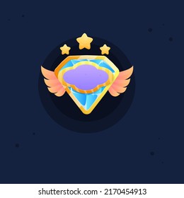 Game UI Icon Of  Blue Sky  Diamond Gem With Golden Icon Elements And Wings And Cloud Banner Of Kingdom Cute Cartoon Colorful Vector Design