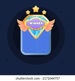 Game UI Icon Of  Blue Sky  Diamond Gem With Golden Icon Elements And Wings And Cloud Banner Of Kingdom On Blue  Gray Silver Treasure Diamond Window Cute Cartoon Colorful Vector Design