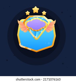 Icono De La Interfaz De Usuario De Juego De Blue Sky Diamond Gem Con Elementos De Icono Dorado Y Alas Y Banner De Nube En El Cielo Azul Y Forma De Diamante Amarillo Dorado Cuidada Caricatura Colorida Ventana Luminosa Cuto Vector Colorido