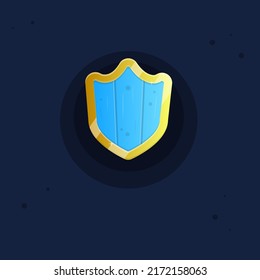 Icono De La Interfaz De Usuario De La Forma De La Corona Azul Escudo De Madera Del Reino Con Bordes De Oro Para Juegos De RPG Diseño De Vector Colorido De Dibujo