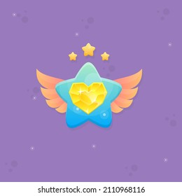 Game UI Icon Blue Star With Wings Heart Gem  Stars Magic Cartoon Cute Colorful Vector Design