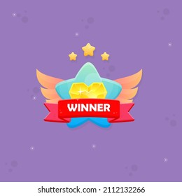Game UI Icon Blue Star With Wings Heart Gem  Stars Red Ribbon Winner Magic Cartoon Cute Colorful Vector Design