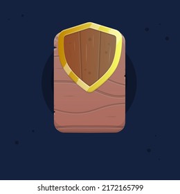 Icono De La Interfaz De Usuario Del Triángulo Marrón Forma Superior Escudo De Madera Del Reino Con Bordes Dorados En Una Placa De Madera Para Juegos De RPG Diseño De Vector Colorido De Caricatura Cuaderno