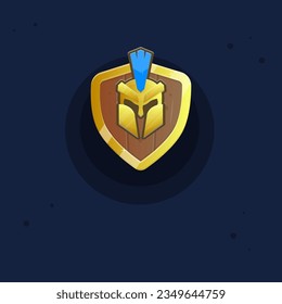 Icono De La Interfaz De Usuario Del Triángulo Marrón Forma Superior Escudo De Madera Con Bordes Dorados Y Casco Espartano Para Juegos RPG Diseño De Vector Cuadrillado De Caricatura