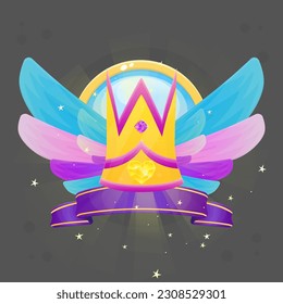 Game UI Icon Crown Reward Ribbon , Circle , Purple Blue Sky , Pink , Purple Fairy Fantasy Wings Fly Flower Petals Cute Colorful Cartoon Vector Design