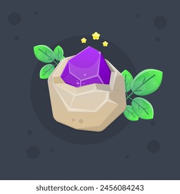 Game UI Icon Fantasy gebrochen Rock mit lila Edelstein isoliert Vektorgrafik Design