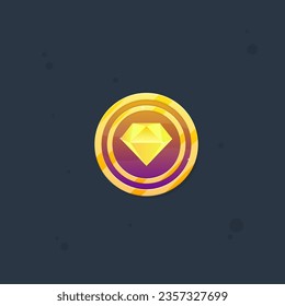 Game UI Icon Of Gold Diamond Coin For Casino Or Slot Or Reward Badge Page Winner GUI Glossy Glamour Golden Purple Vector Design
