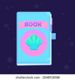 Game UI Icon Mermaid Book Tale Cute Cartoon Blue Shell Sea Ribbon Purple Pink Bookmarks Vector Design
