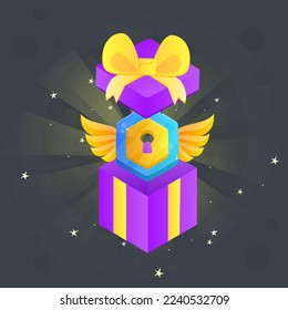 Game UI Icon Geöffnete Geschenkbox mit einem golden Lock Blue Flügel Fantasy Cute Farbenfarbenfrohe Cartoon Vektordesign