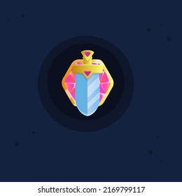 Game UI Icon Of  Pink Orange Hexagon Gem With Golden Icon Elements Golden Sword With Pink Gems And Triangle Elements  Of Kingdom Cute Cartoon Colorful Vector Design