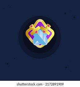 Icono De La Interfaz De Usuario De Juego De Estrella Morada Top Shape Escudo De Madera Del Reino Con Bordes De Oro Y Dos Espadas Doradas Con Gemas Rosa Y Elementos Triangulares Para Juegos De RPG Cuadros Diseño Vector Colorido De Caricatura