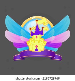 Game UI Icon Reward Ribbon , Circle , Sand Castle , Pink , Purple Fairy Fantasy Wings Fly Flower Petals Cute Colorful Cartoon Vector Design