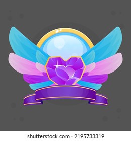 Game UI Icon Reward Ribbon , Circle , Purple Gem Heart Blue Sky , Pink , Purple Fairy Fantasy Wings Fly Flower Petals Cute Colorful Cartoon Vector Design