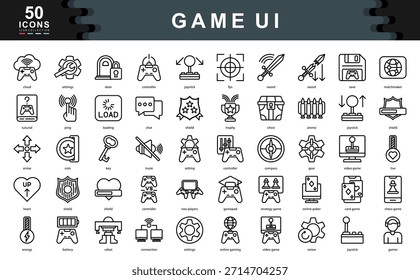 El conjunto de iconos de la interfaz de usuario del juego define Elementos clave de las interfaces de juego, como la interacción, el Estado y la navegación, ideales para el diseño del juego, la experiencia del jugador y el desarrollo móvil o de la consola.